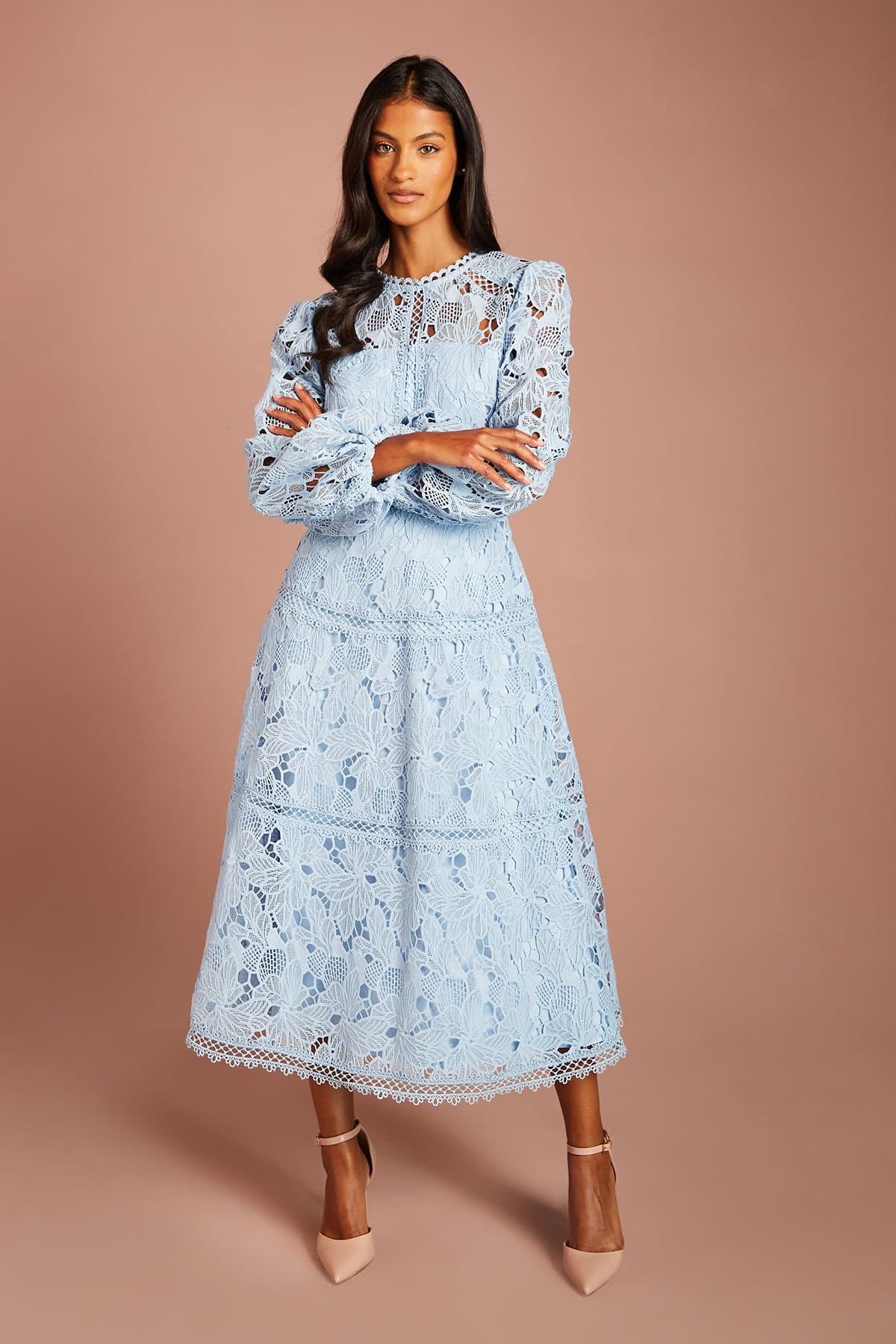 Coast Coast Women's Petite Lace Panelled Long Sleeve Dress in Light Blue