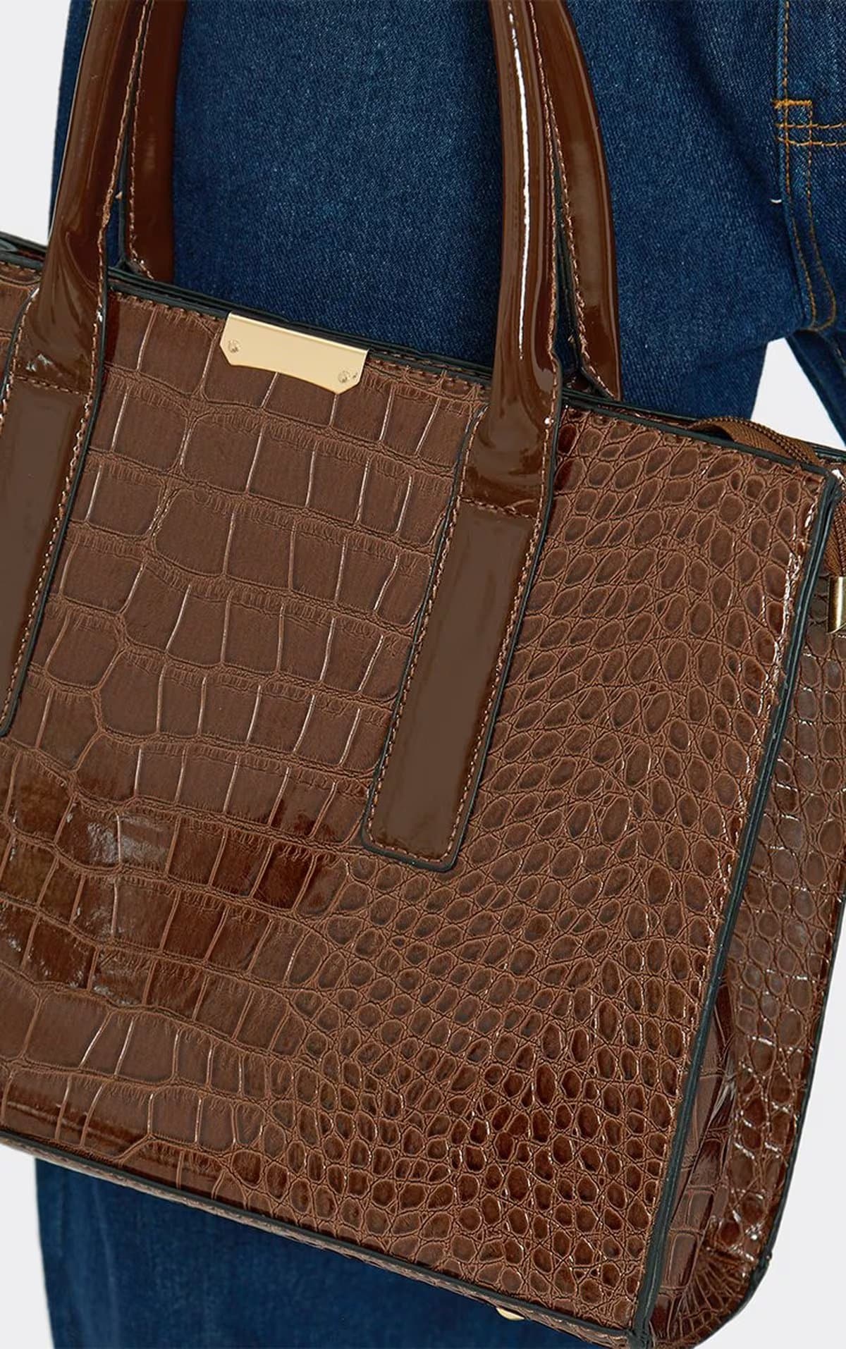 EGO Garrett Tote Bag In Brown Croc Print Patent, Women's Size UK 0