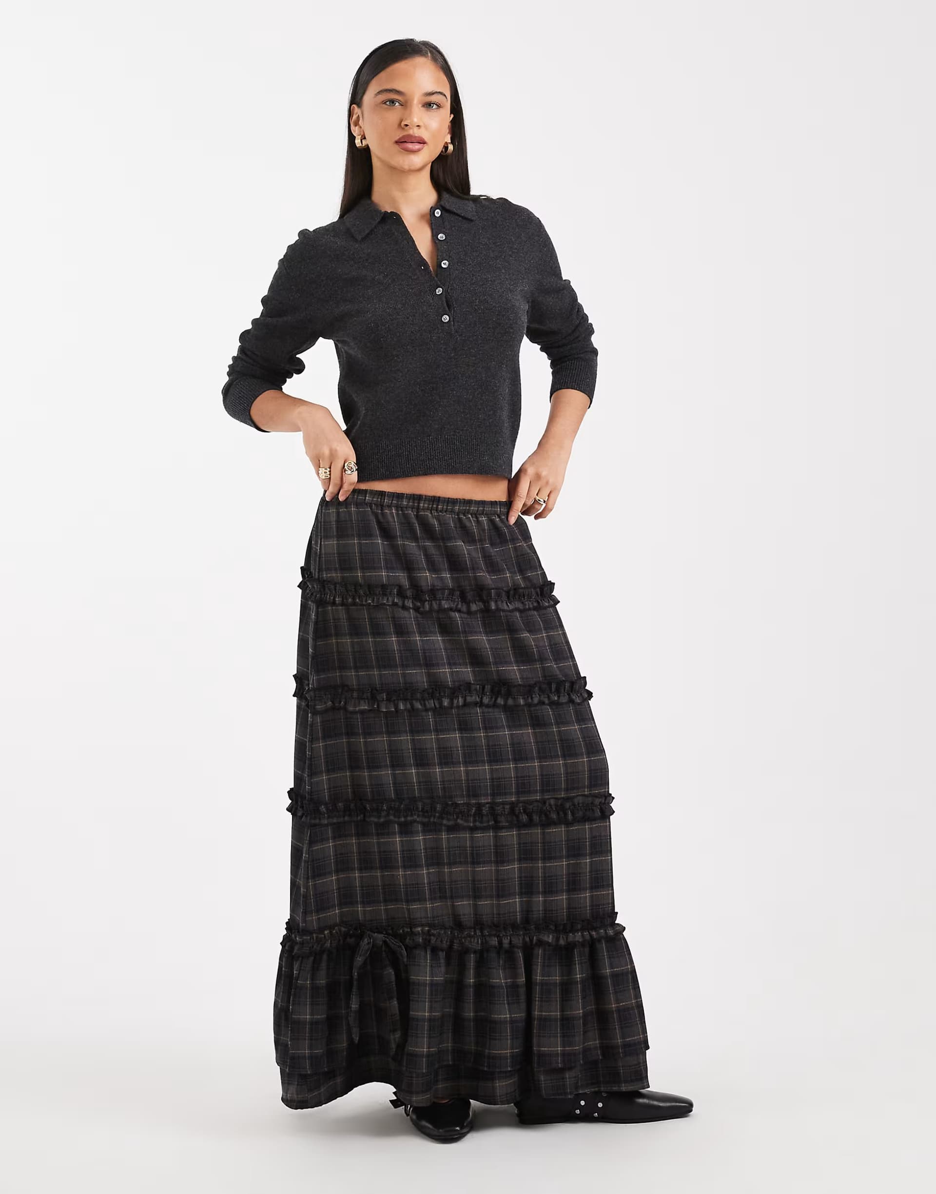 ASOS Daisy Street tiered ruffle boho skirt in brown check