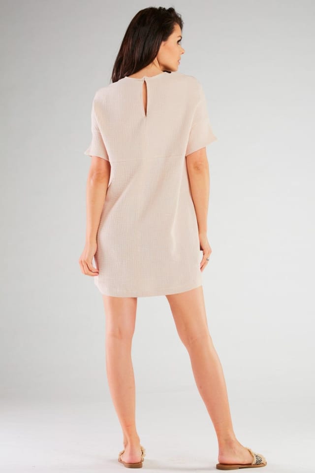 Love Lace Love Lace Women's Loose Mini Knit Dress Short Sleeves Made in Poland in Beige - 3