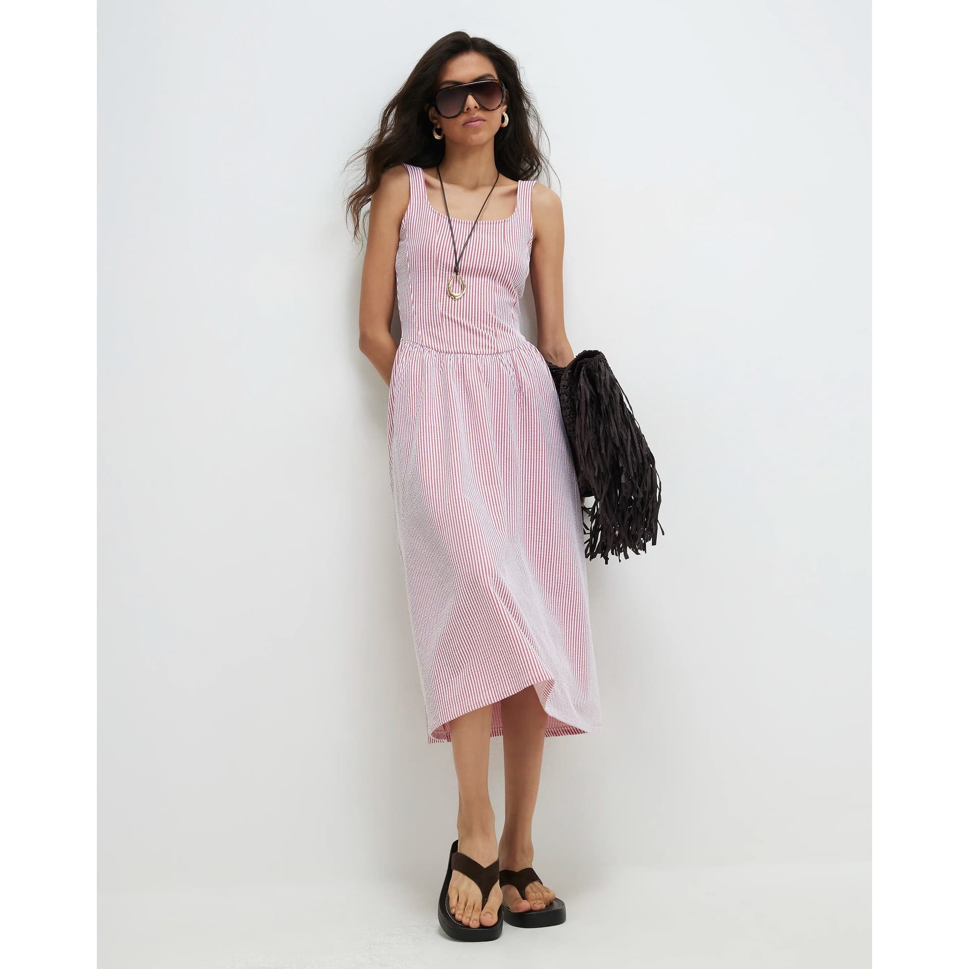 River Island River Island Womens Red Cotton Blend Textured Stripe Midi Dress