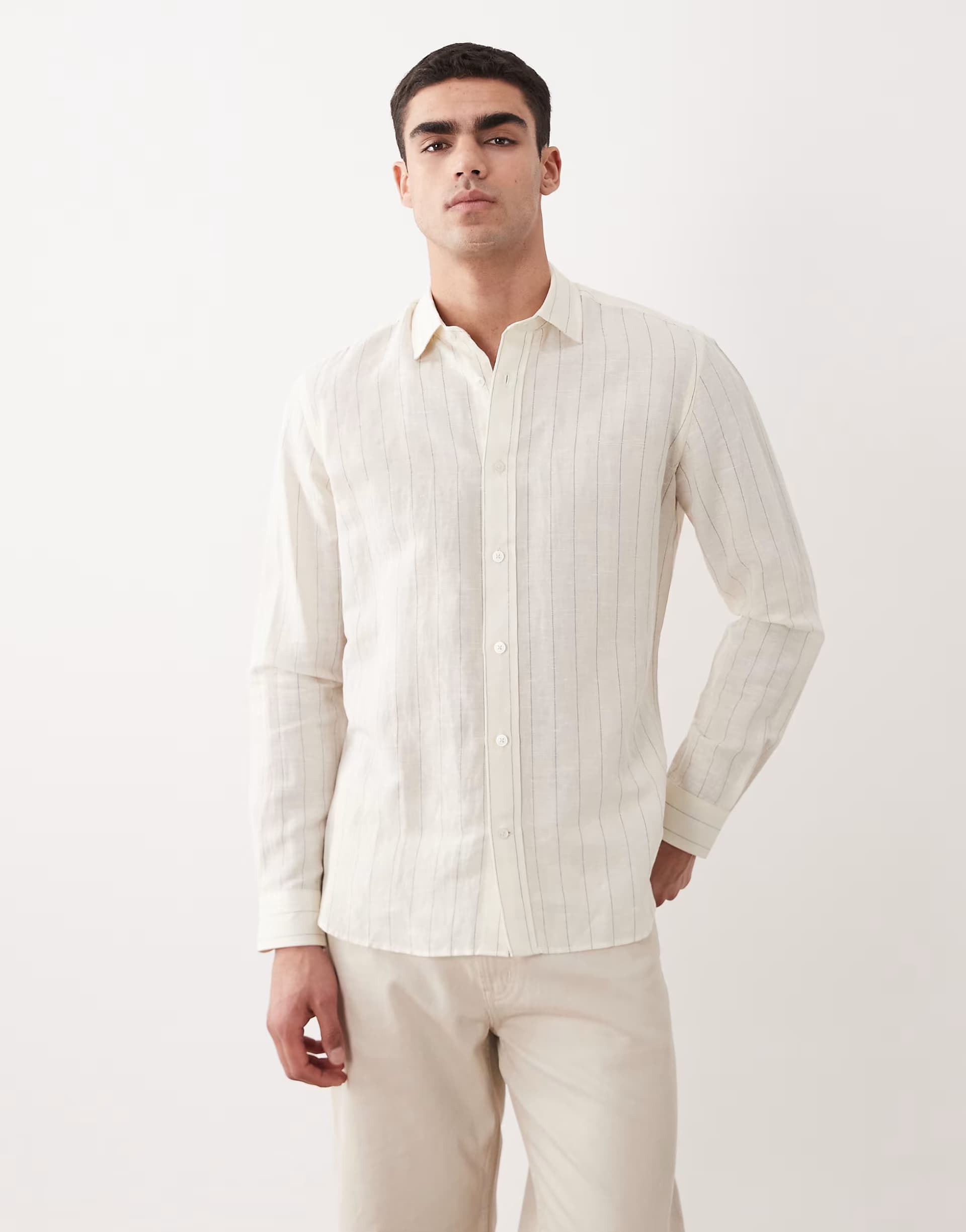 ASOS Mango linen mix long sleeve striped shirt in ecru