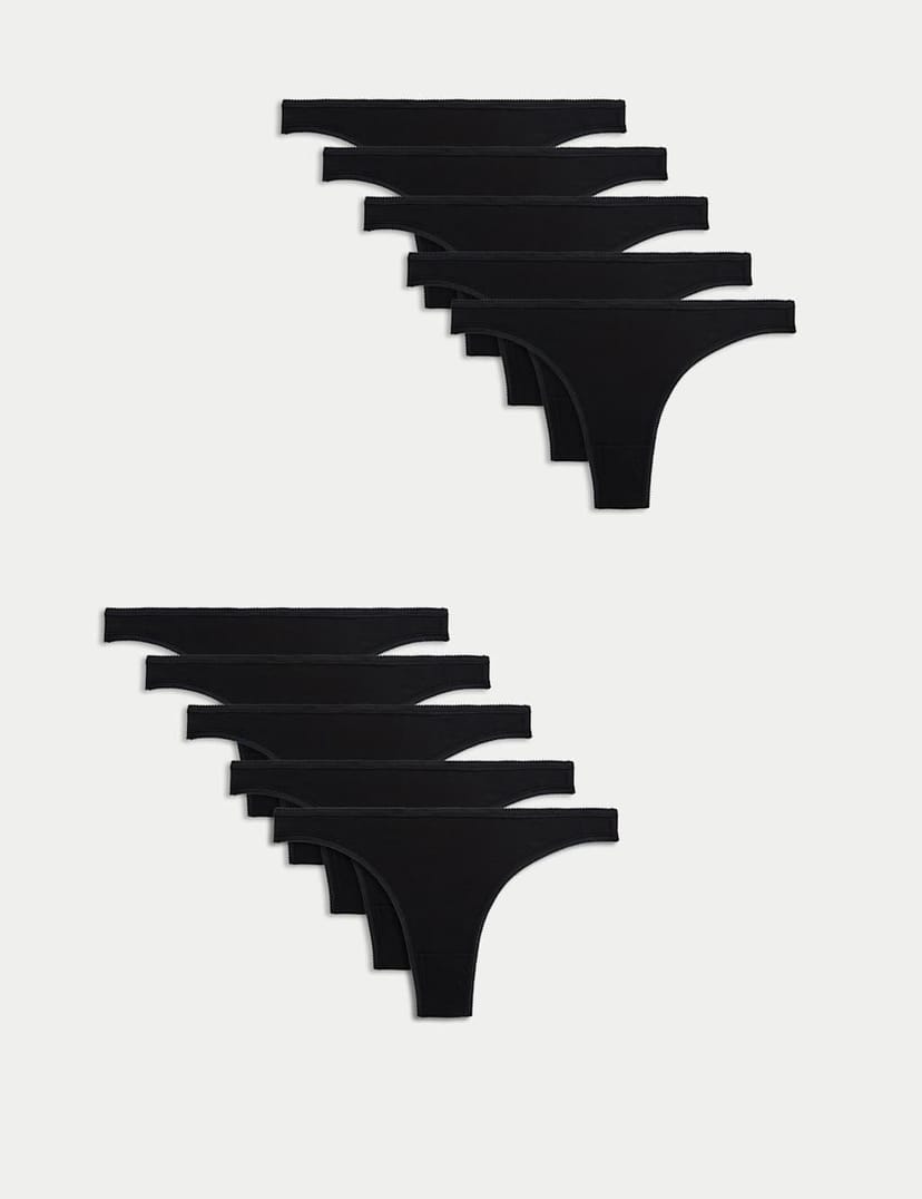 Marks & Spencer M&S 10pk Cotton Lycra® Thongs Black - 1