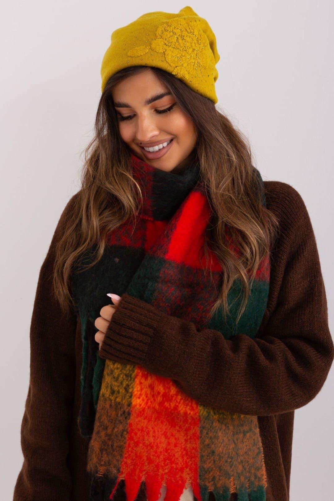 Love Lace Love Lace Women's Warm Winter Cashmere Beanie Hat with Decorative Rhinestone Applique in Mustard