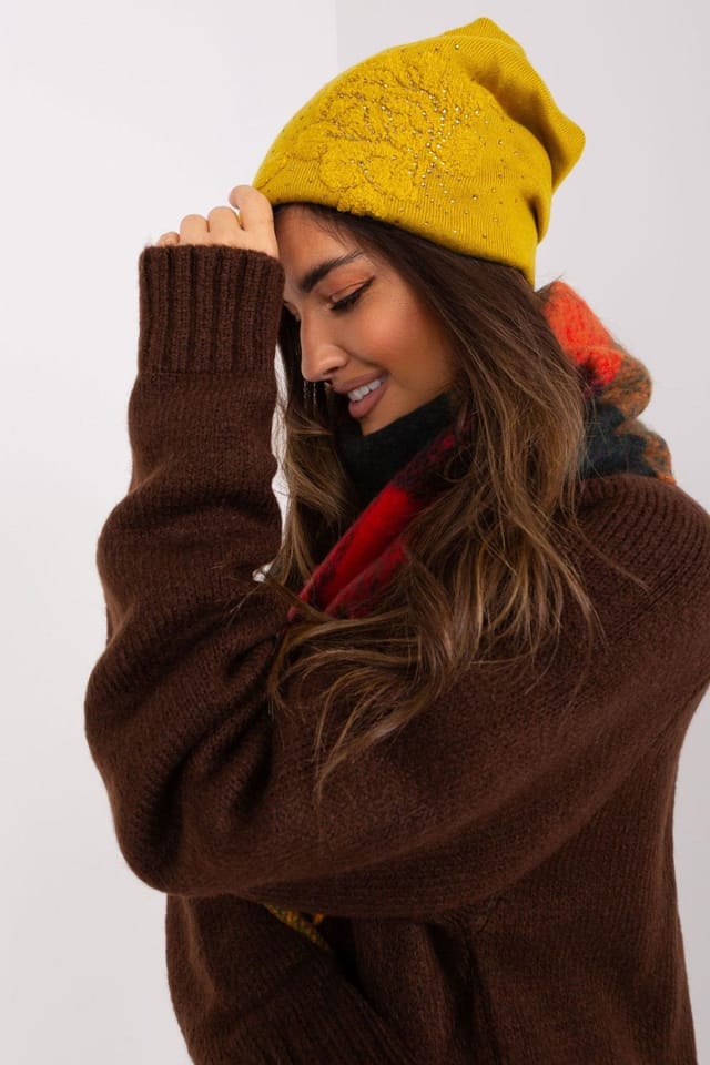 Love Lace Love Lace Women's Warm Winter Cashmere Beanie Hat with Decorative Rhinestone Applique in Mustard - 2