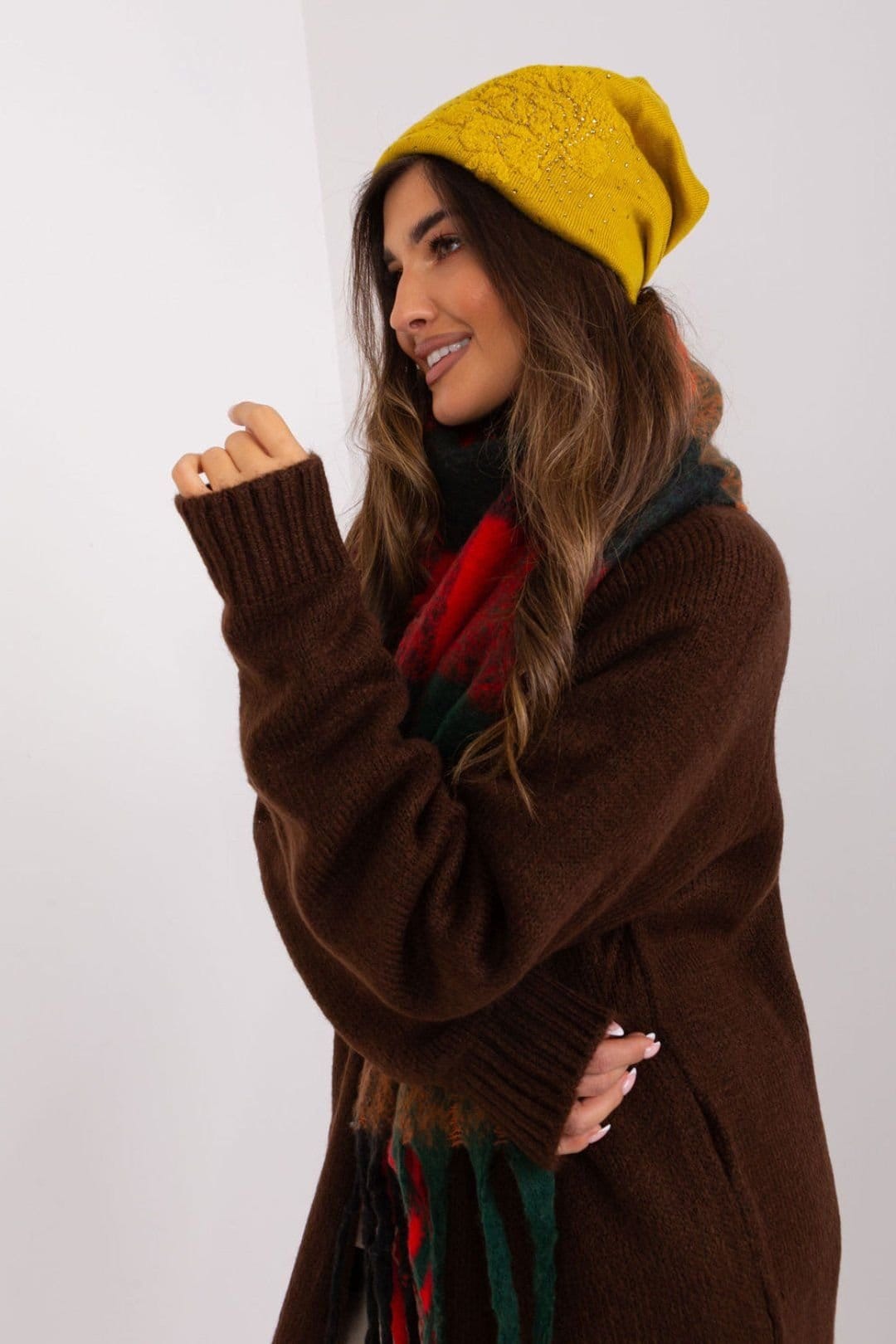 Love Lace Love Lace Women's Warm Winter Cashmere Beanie Hat with Decorative Rhinestone Applique in Mustard - 4