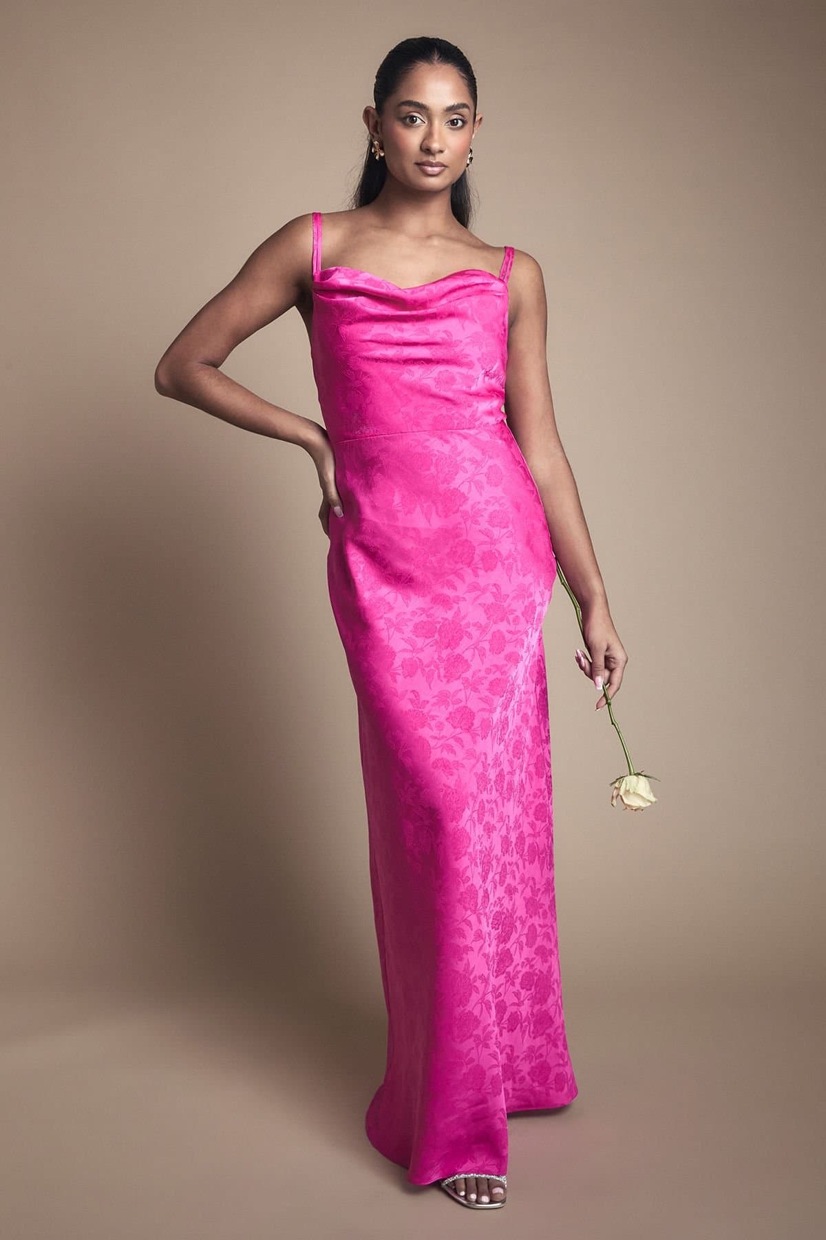 Oasis Oasis Women's Double Strap Cowl Neck Satin Jacquard Bridesmaid Dress in Bright Pink