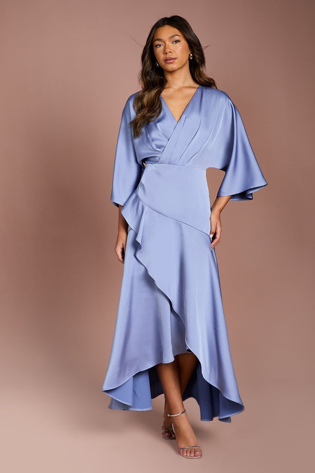 Coast Coast Women's Satin Back Crepe Ruffle Wrap Midi Dress in Slate Blue