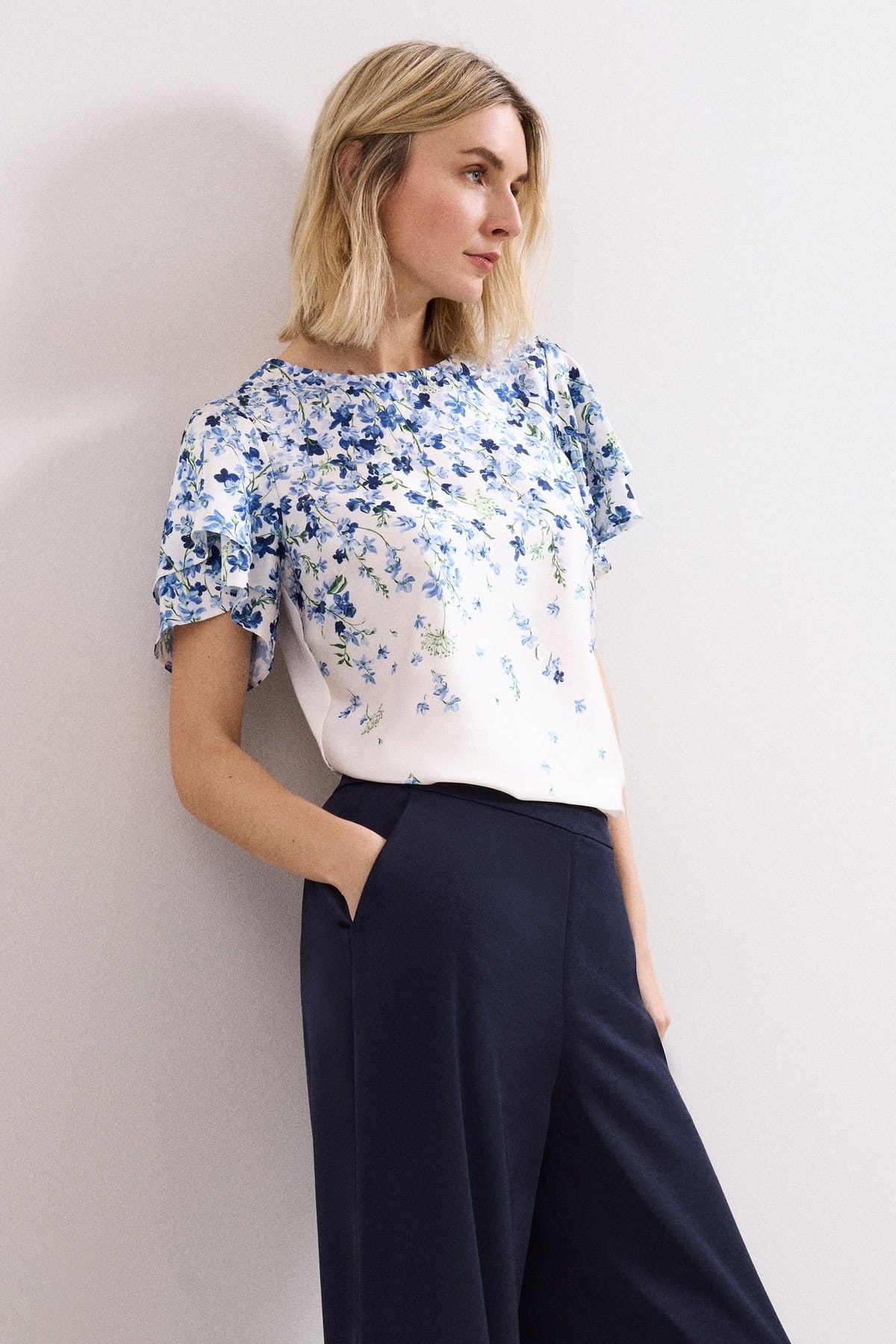 Phase Eight Blue Floral Blouse with Flutter Sleeves