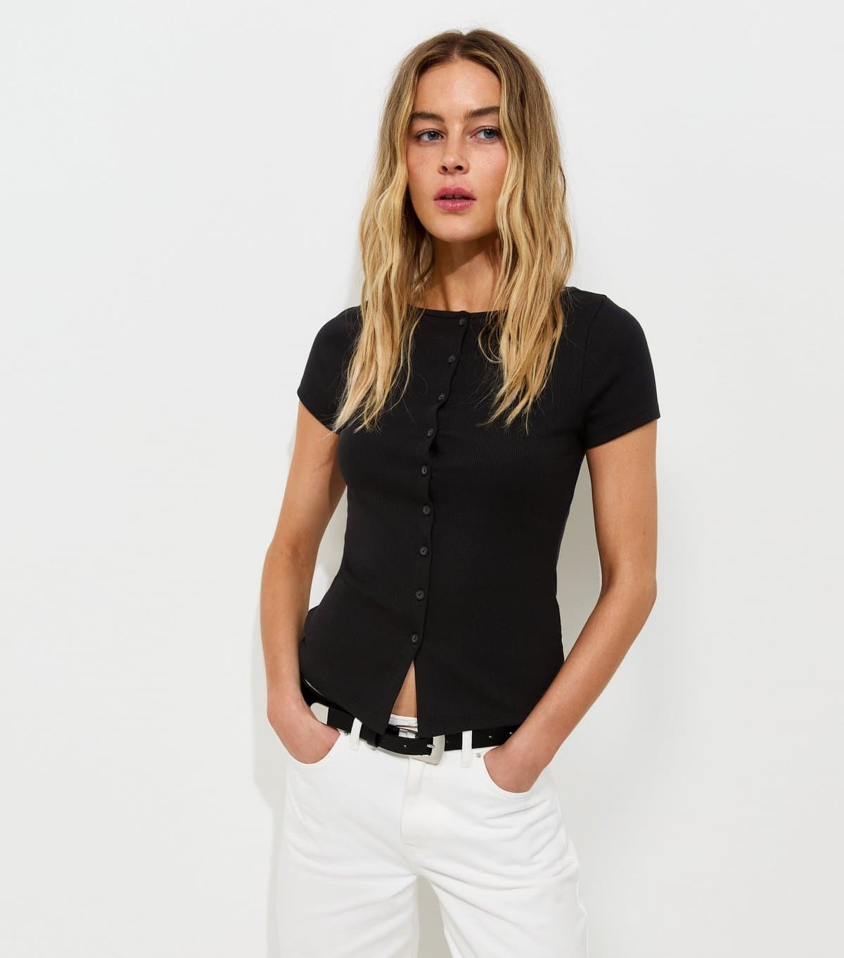 New Look Women's Black Cotton Rich Button Through Baby Tee T-Shirt New Look