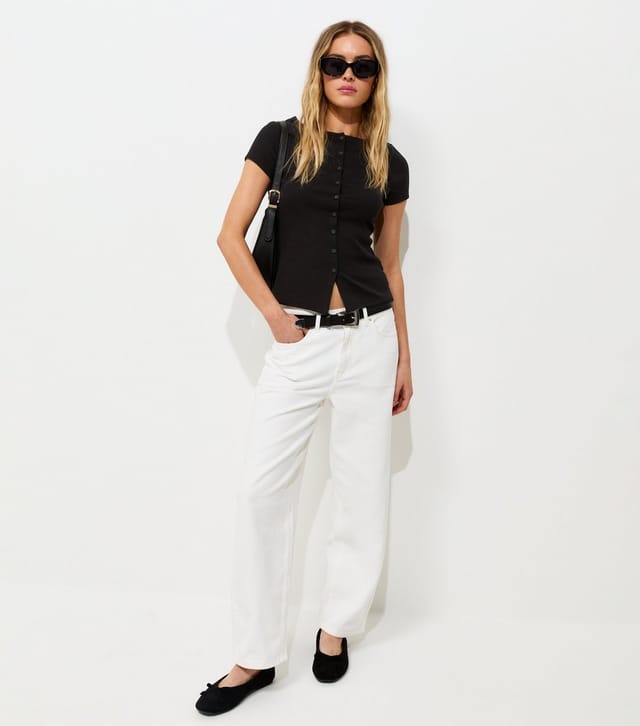 New Look Women's Black Cotton Rich Button Through Baby Tee T-Shirt New Look - 2