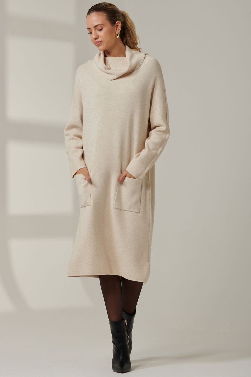 Jolie Moi Jolie Moi Women's Knitted Turtleneck Longline Jumper in Beige - 4