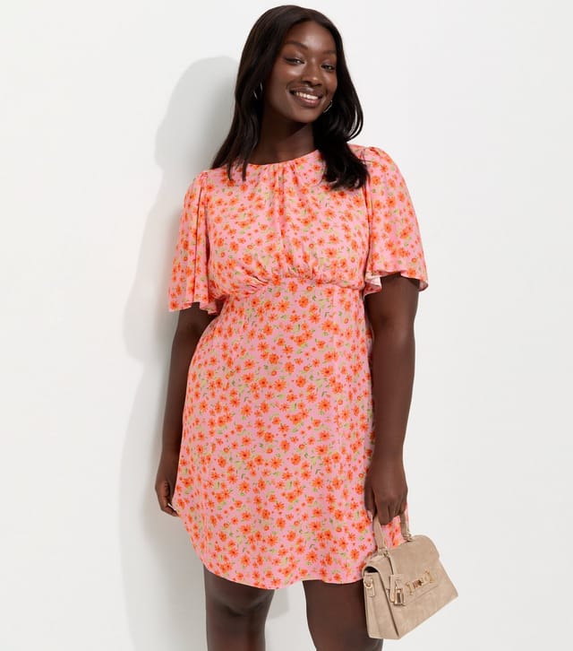 New Look Women's Plus Size Orange Ditsy Pattern Flutter Sleeve Mini Dress Curves New Look - 2