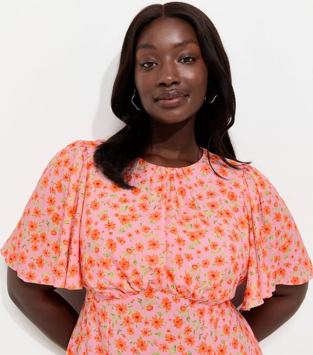 New Look Women's Plus Size Orange Ditsy Pattern Flutter Sleeve Mini Dress Curves New Look - 3