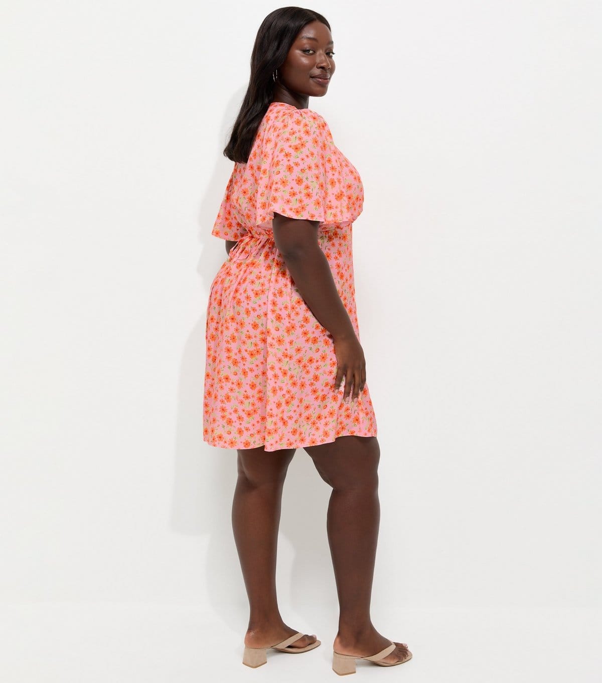 New Look Women's Plus Size Orange Ditsy Pattern Flutter Sleeve Mini Dress Curves New Look - 4