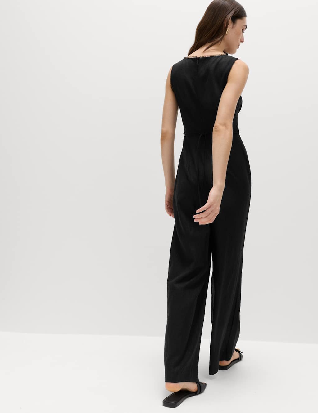 Marks & Spencer M&S Linen Blend Tie Detail Waisted Jumpsuit Black - 3