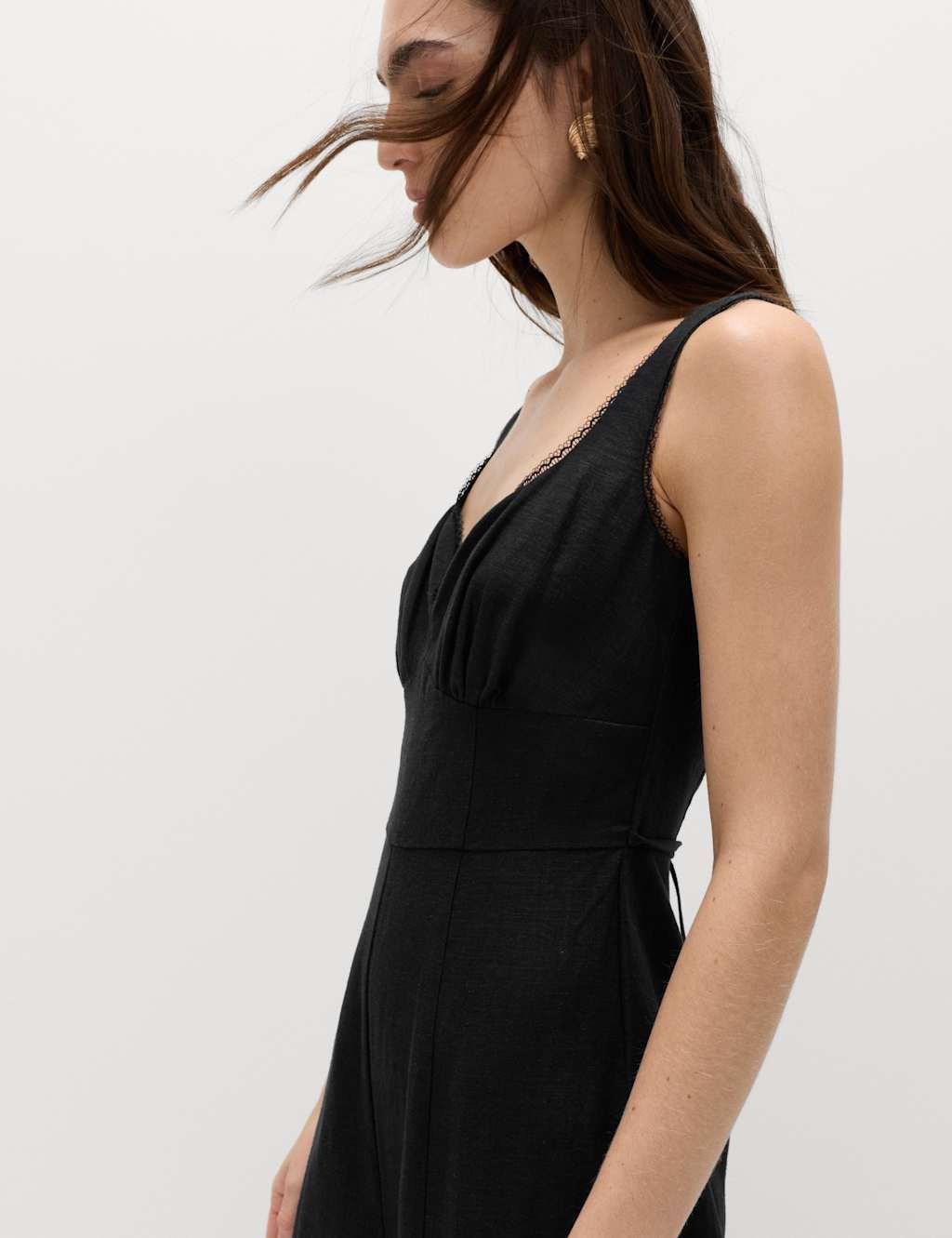 Marks & Spencer M&S Linen Blend Tie Detail Waisted Jumpsuit Black - 4