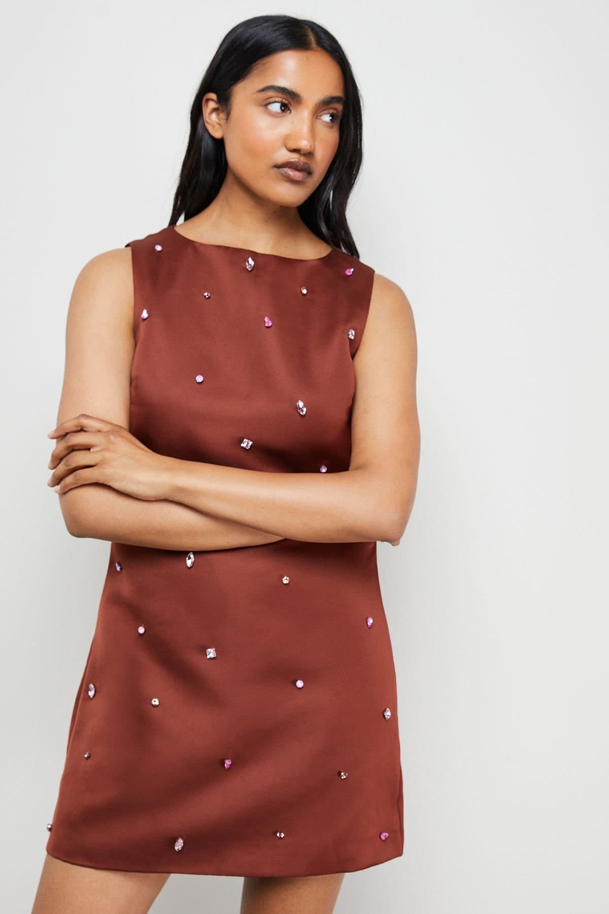 Warehouse Warehouse Women's Embellished Structured Sleeveless Sequin Mini Dress in Brown