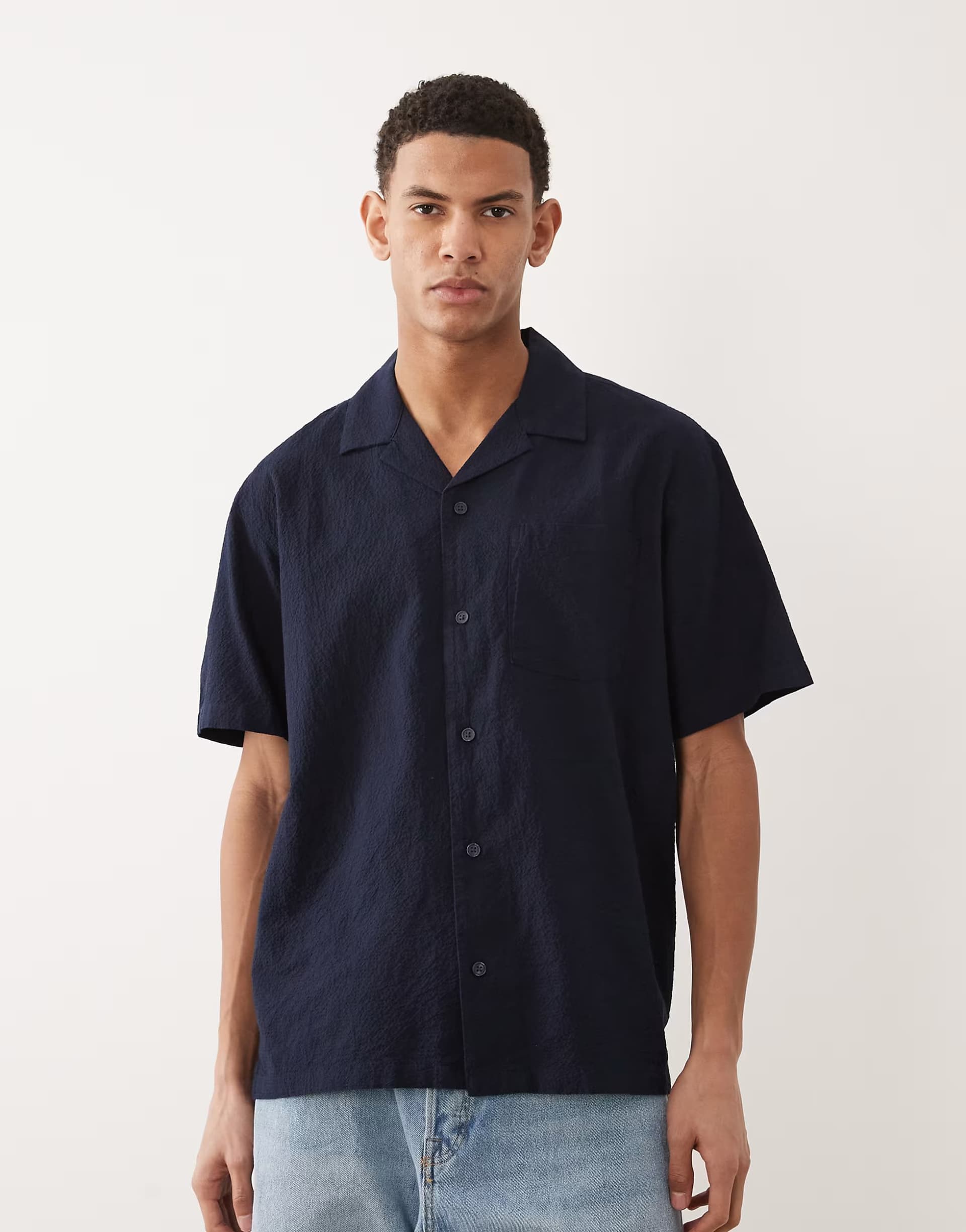ASOS Jack & Jones Premium seersucker short sleeve shirt in navy