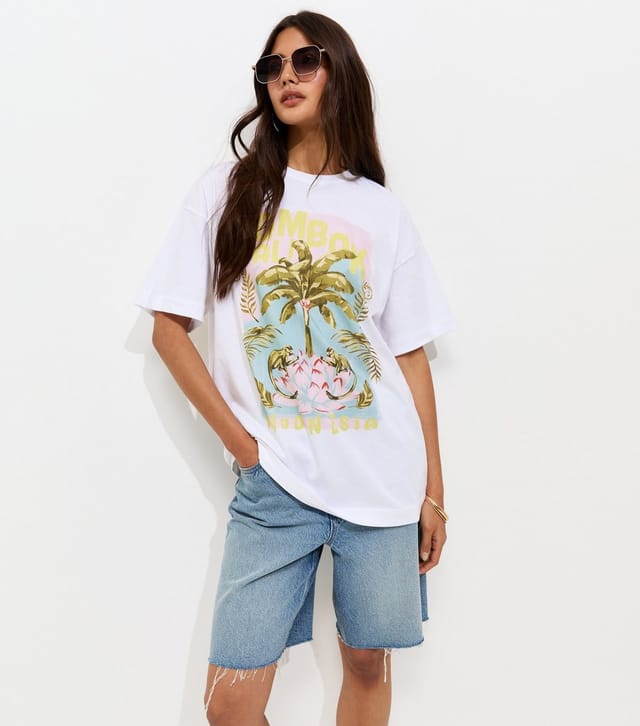 New Look Women's White Cotton Palm Tree Print Oversized T-Shirt New Look - 2