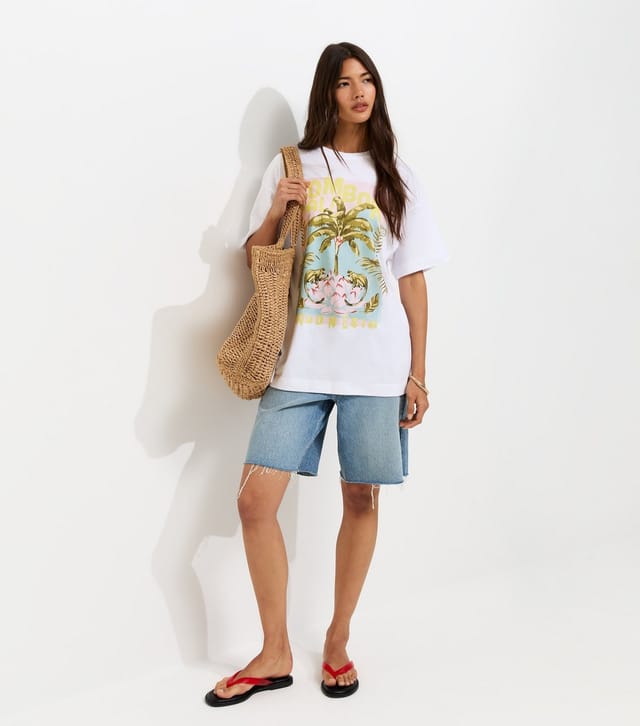 New Look Women's White Cotton Palm Tree Print Oversized T-Shirt New Look - 3