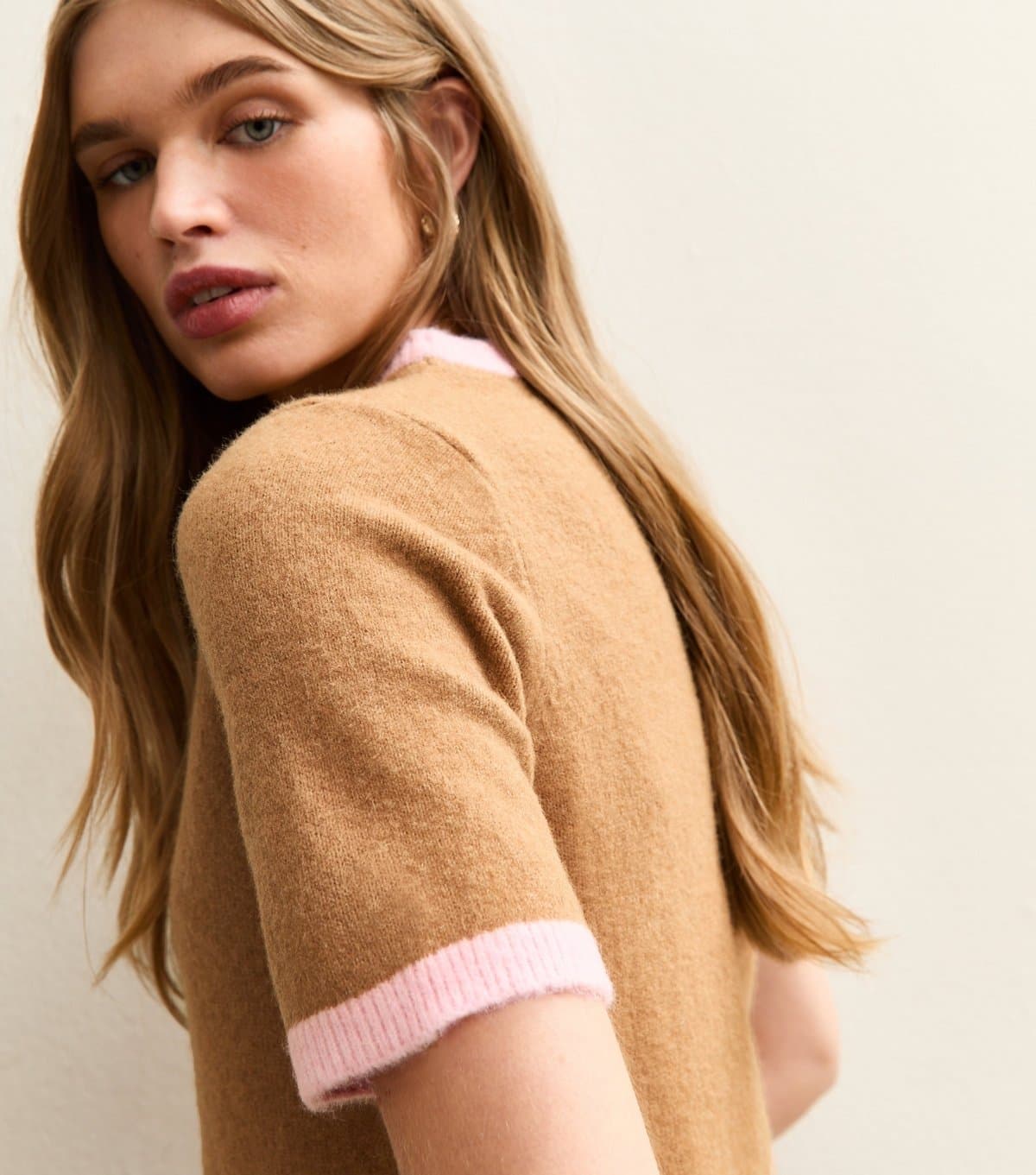 New Look Women's Camel and Pink Knit Contrast Rib T-Shirt New Look