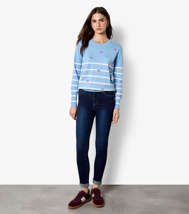 Apricot Women's Blue Striped Heart Embroidered Jumper Apricot New Look - 2