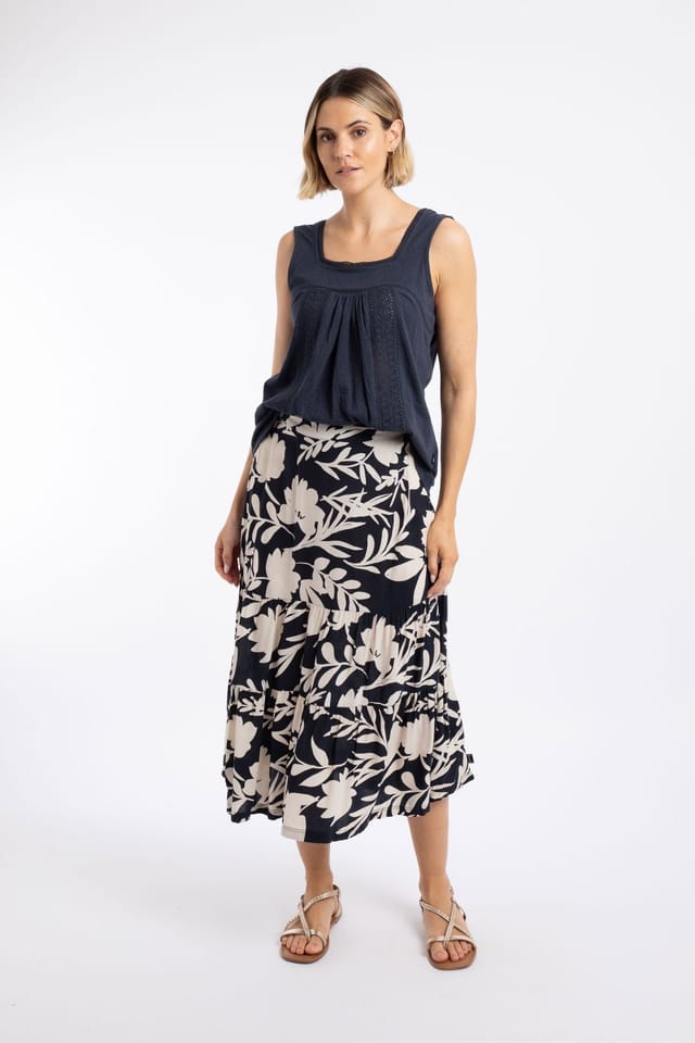 Weird Fish Weird Fish Women's Cassis Printed Tiered Skirt in Dark Blue - 3