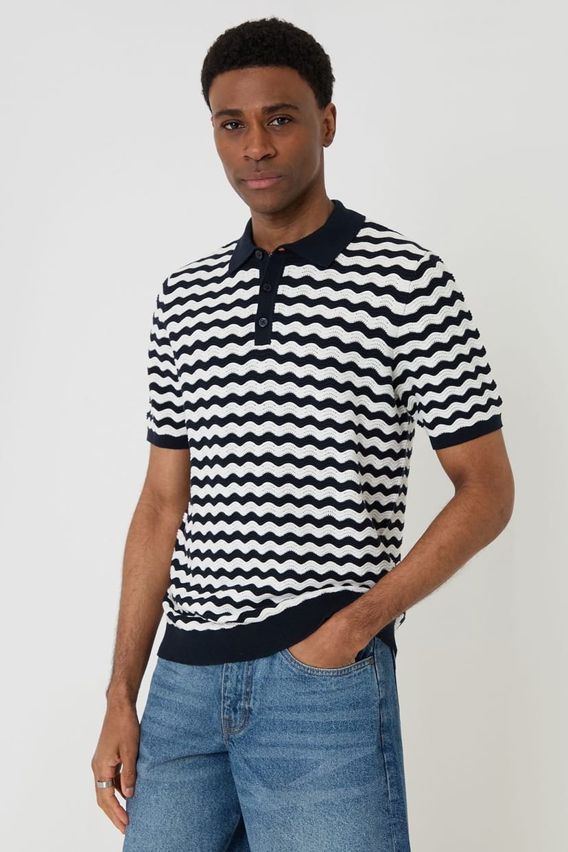 Threadbare threadbare Men's Wavy Stripe Textured Knitted Polo in Navy - 1