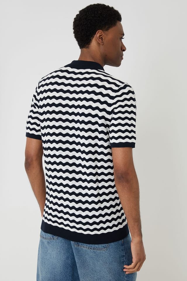 Threadbare threadbare Men's Wavy Stripe Textured Knitted Polo in Navy - 2