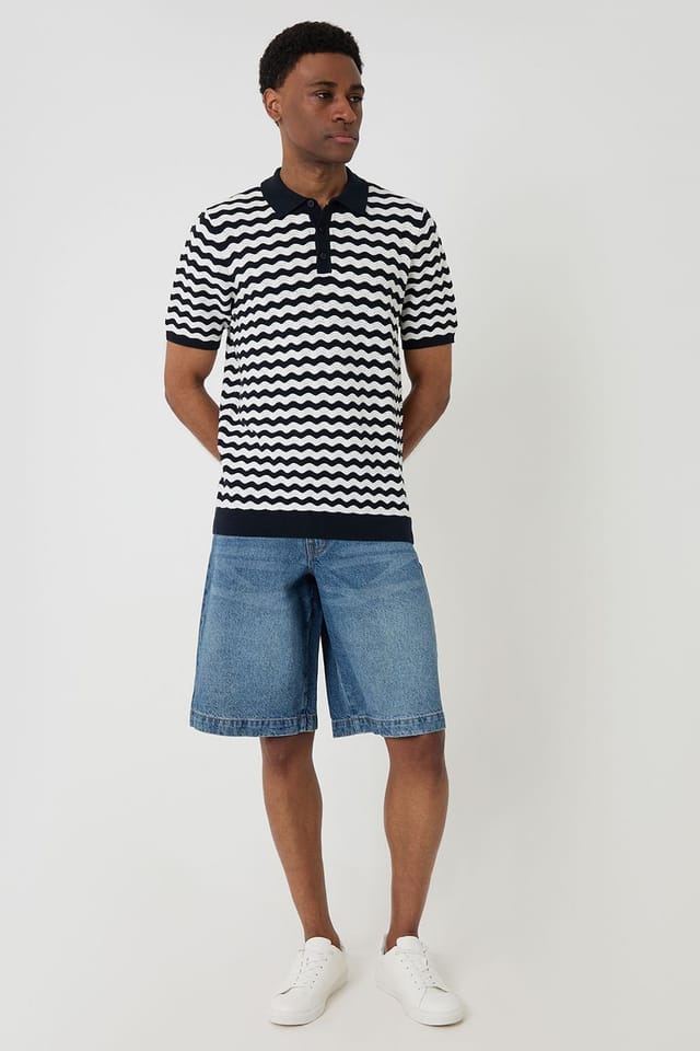 Threadbare threadbare Men's Wavy Stripe Textured Knitted Polo in Navy - 3