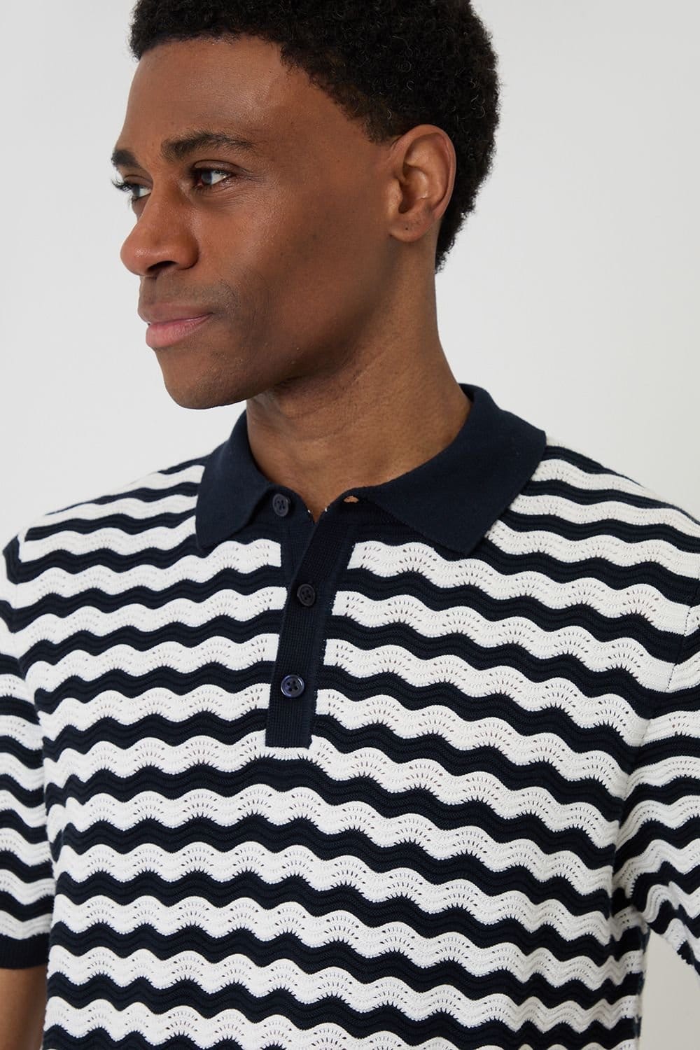 Threadbare threadbare Men's Wavy Stripe Textured Knitted Polo in Navy - 4