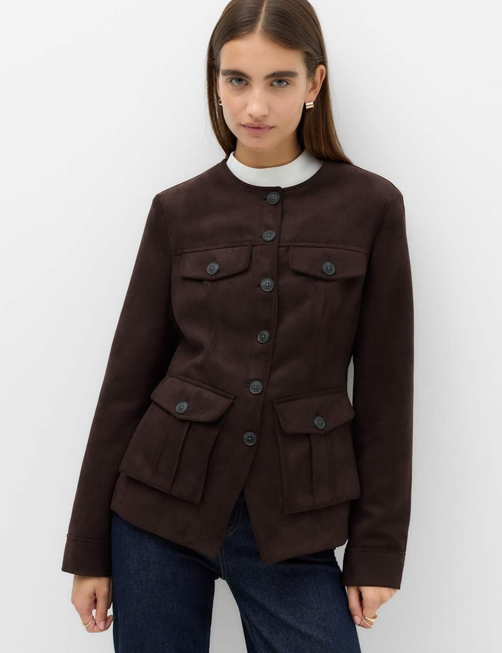 Marks & Spencer M&S Suedette Colarless Utility Jacket Bitter Chocolate