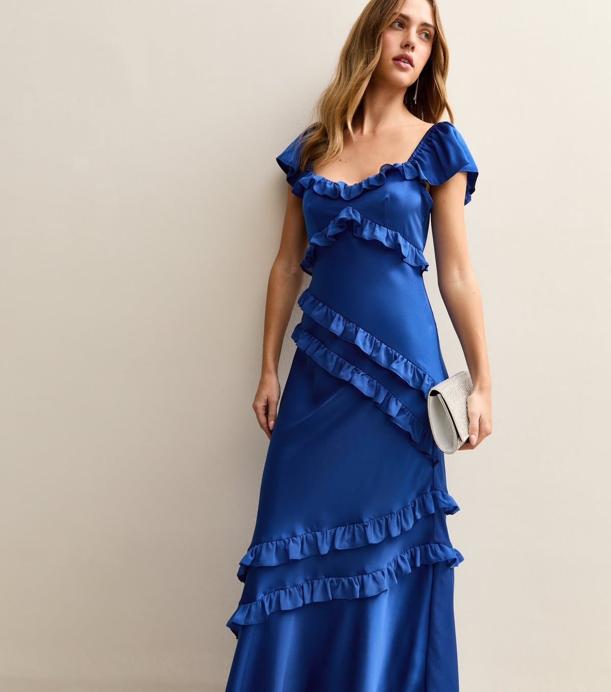 New Look Women's Dark Blue Satin Ruffled Trim Midi Dress New Look