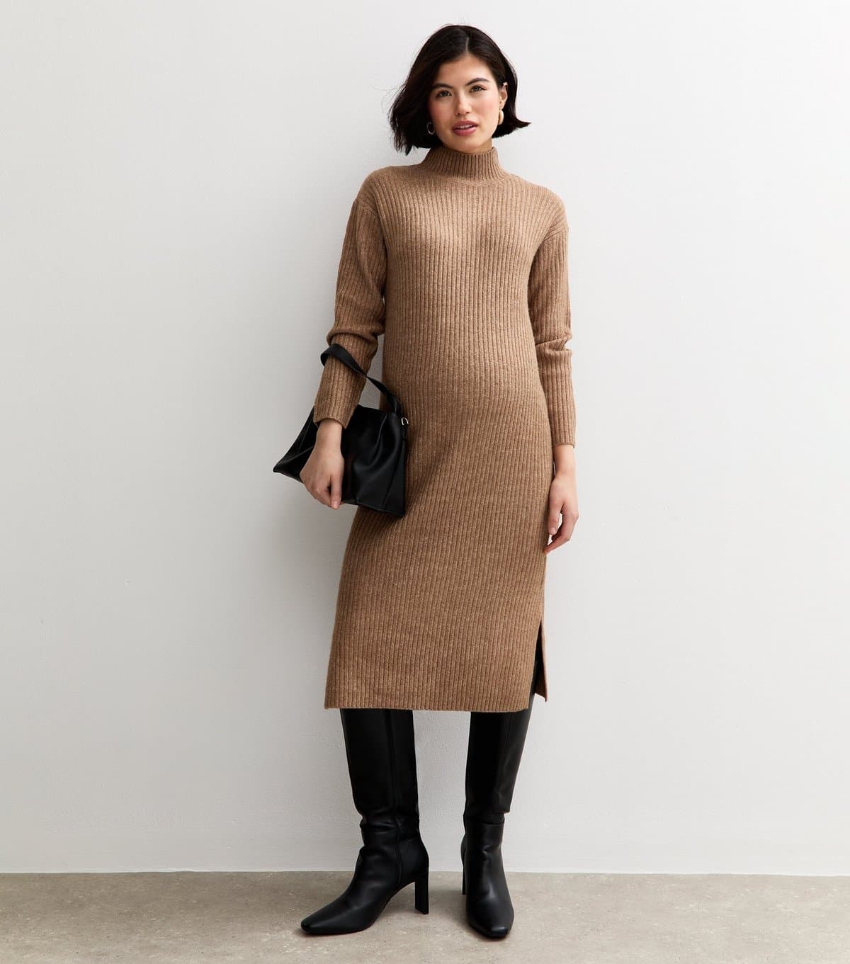 New Look Women's Maternity Dark Mink Rib High Neck Midi Dress New Look