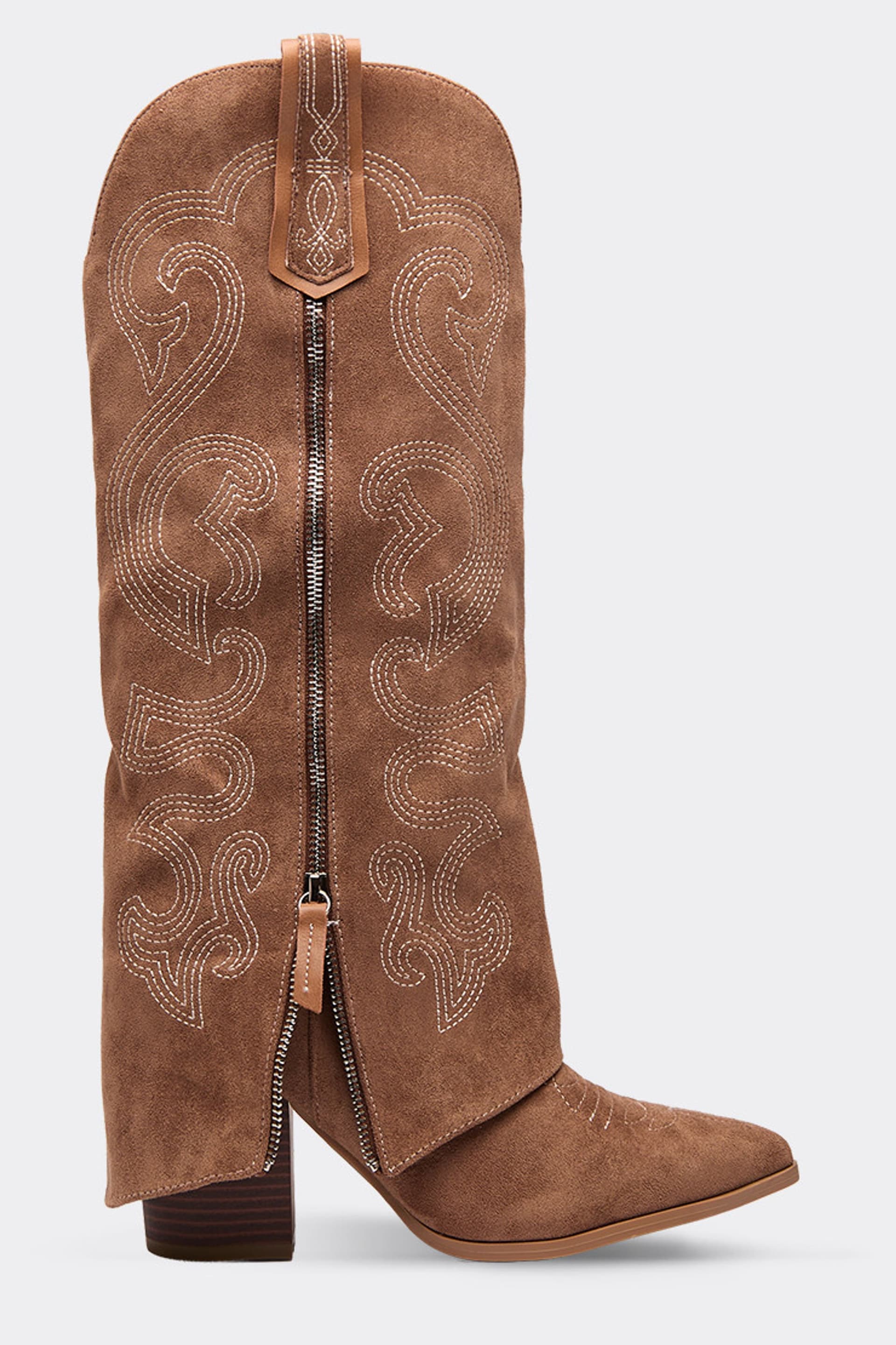 EGO EGO Women's Knee High Zip Embroidered Faux Suede Block Heel Boots in Bronze