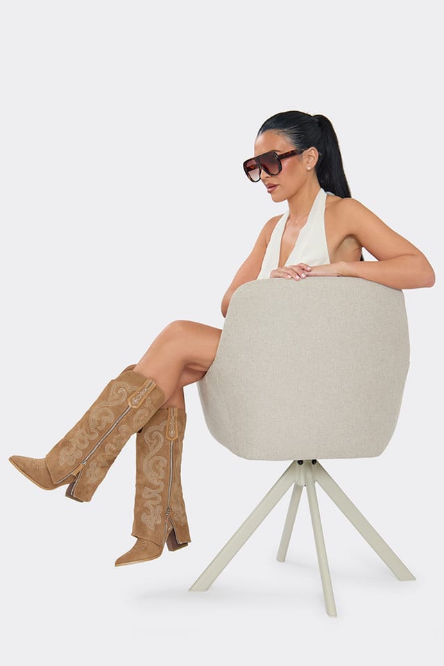 EGO EGO Women's Knee High Zip Embroidered Faux Suede Block Heel Boots in Bronze - 3