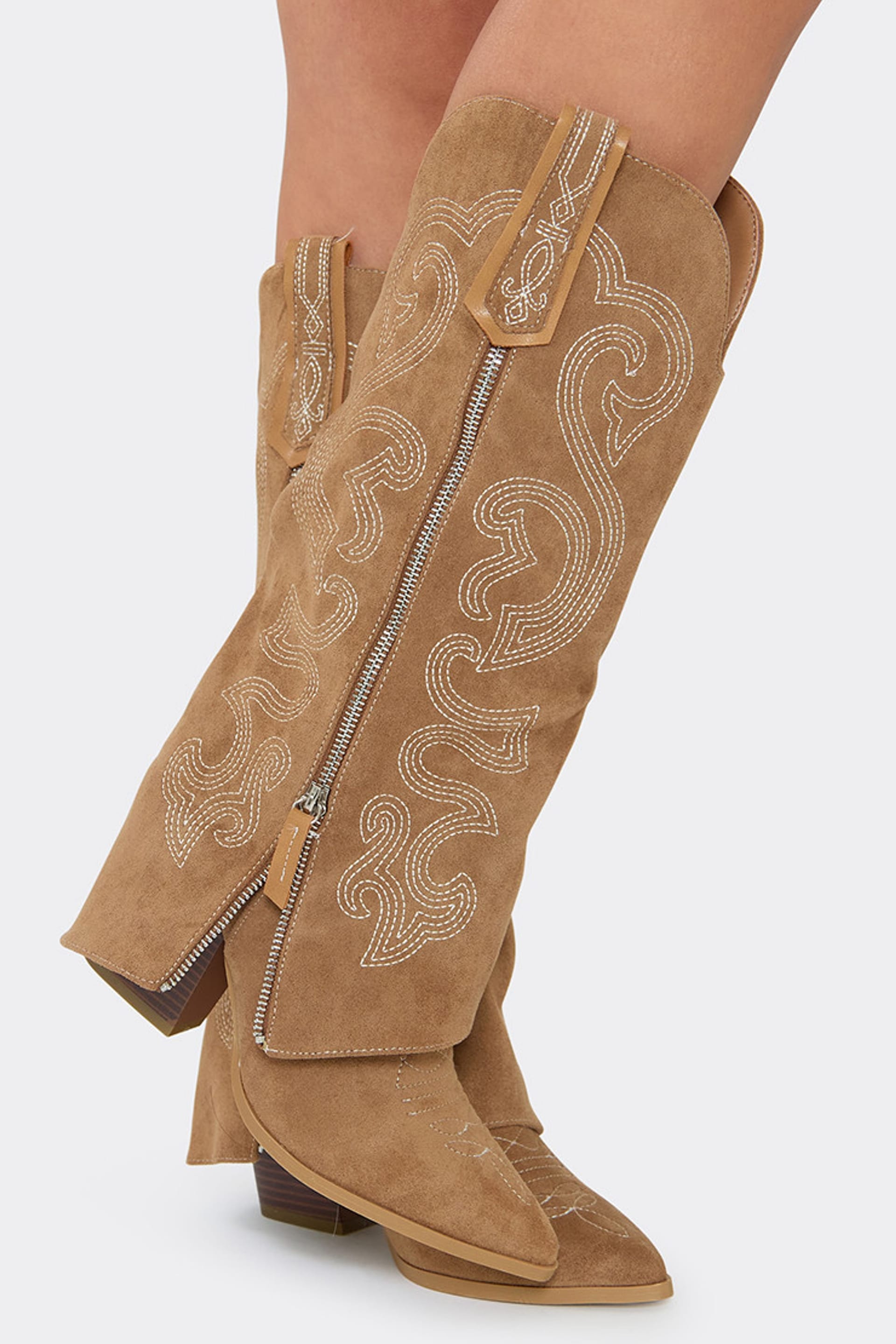EGO EGO Women's Knee High Zip Embroidered Faux Suede Block Heel Boots in Bronze - 4