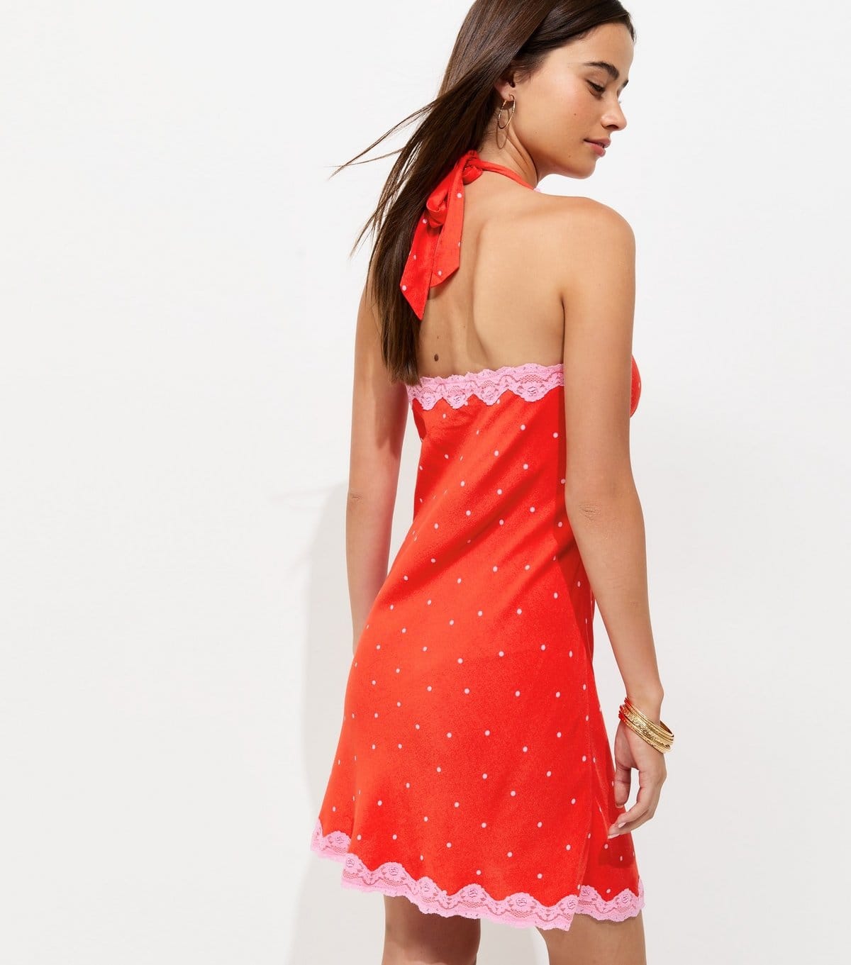 New Look Women's Red Dot Print Halter Lace V Neck Mini Dress New Look - 4