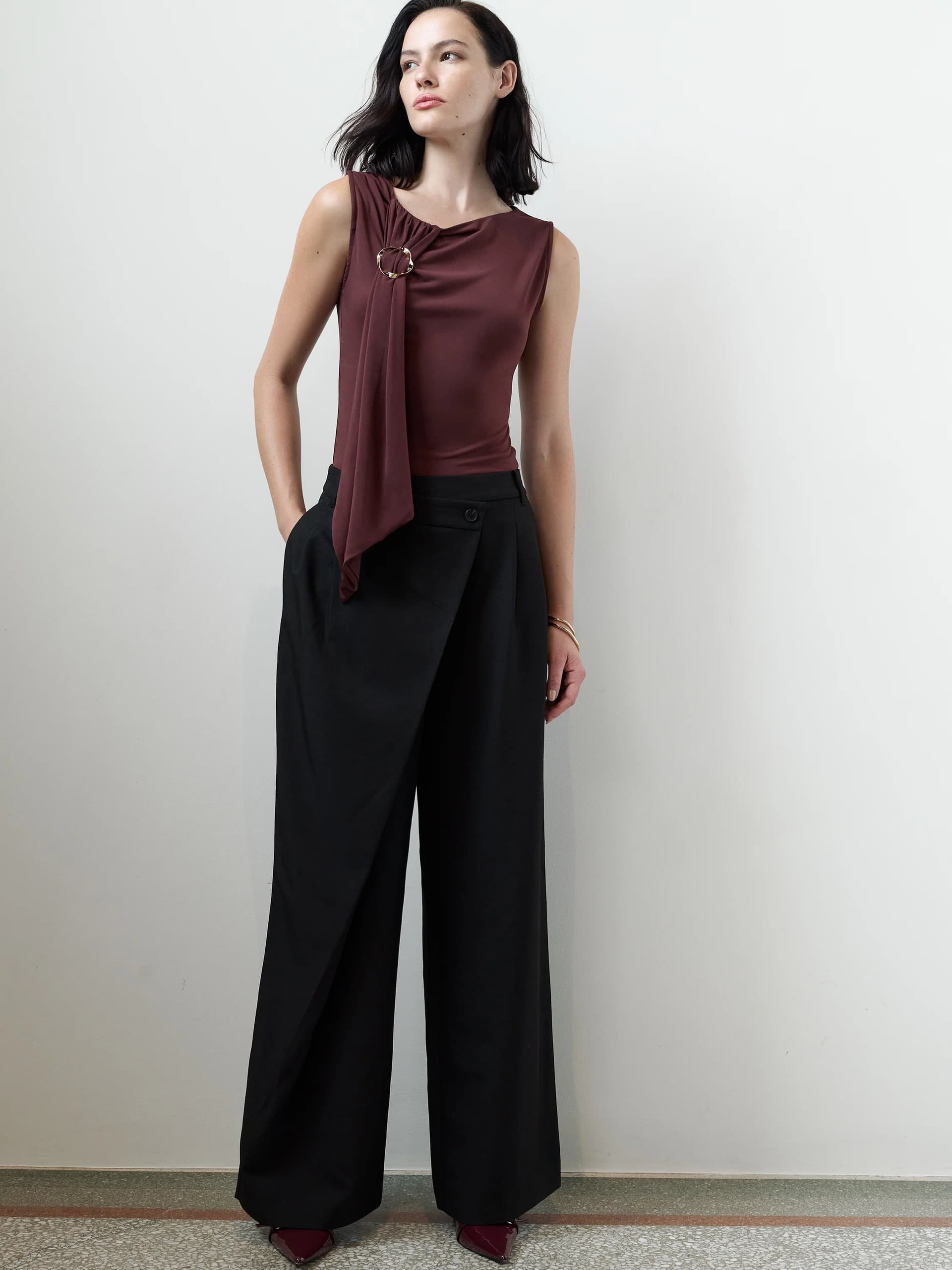 French Connection Junis Black Asymmetric Wide Leg Trousers Black