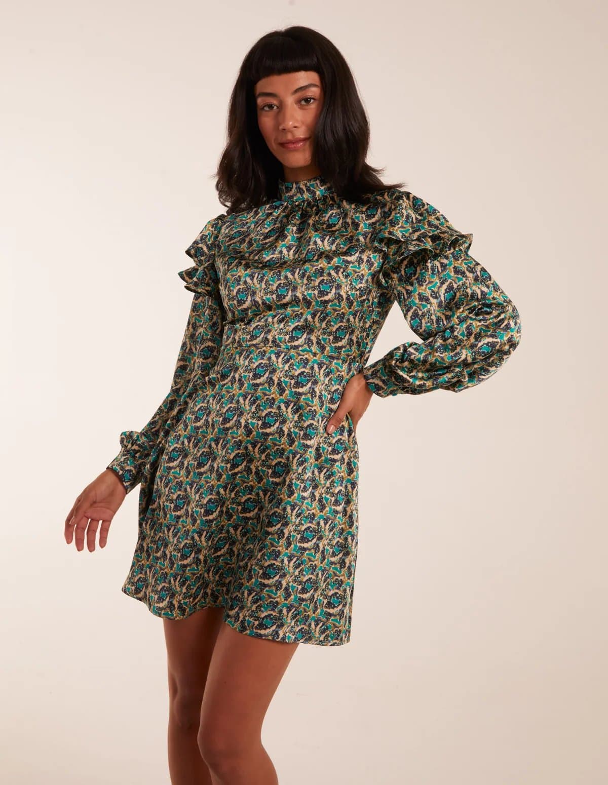 Blue Vanilla Ruffle Sleeve High Neck Swing Dress