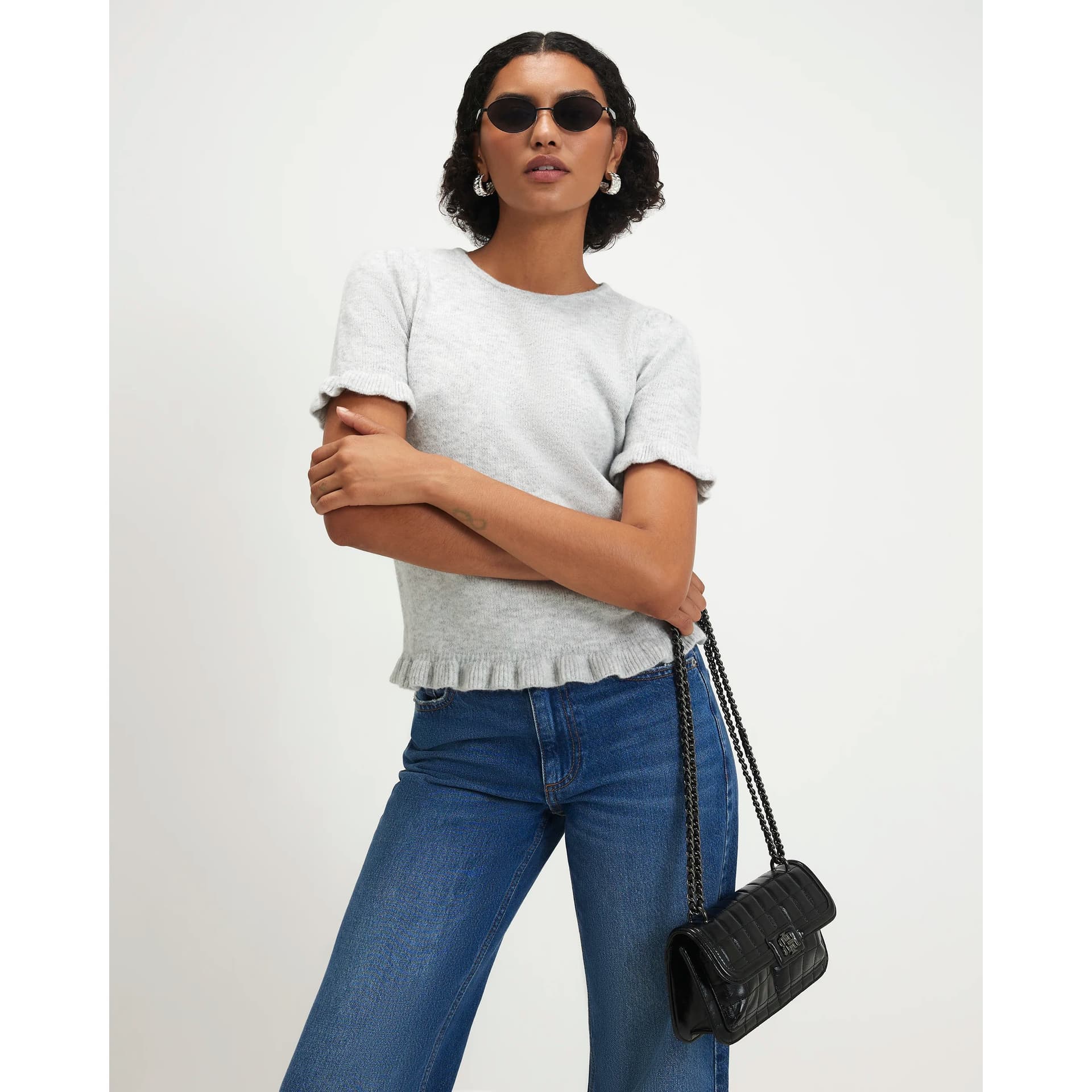 River Island River Island Womens Grey Knit Frill Trim T-Shirt