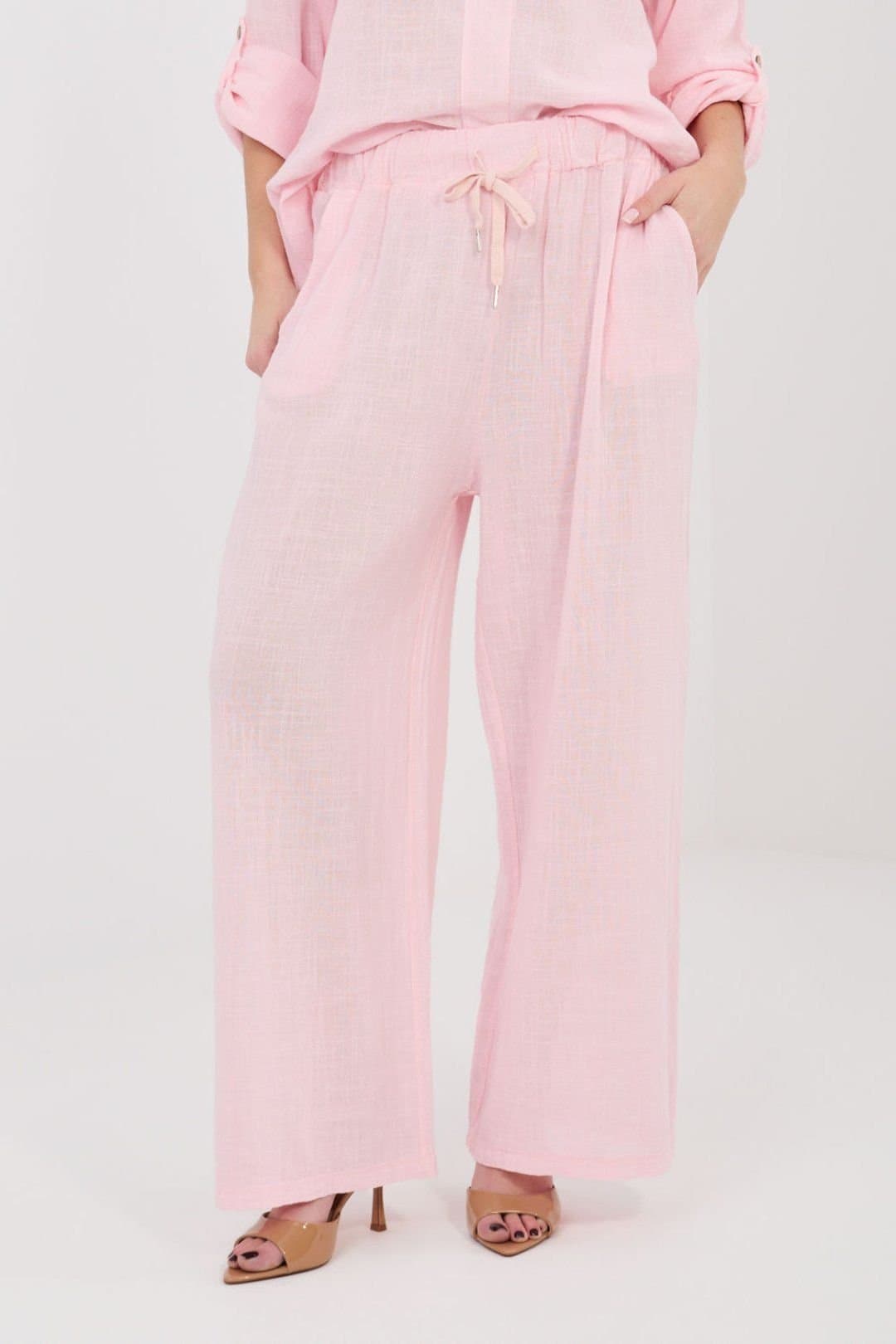 Love Lace Love Lace Women's Italian Cotton Wide Leg High Waist Tie Trouser in Pink
