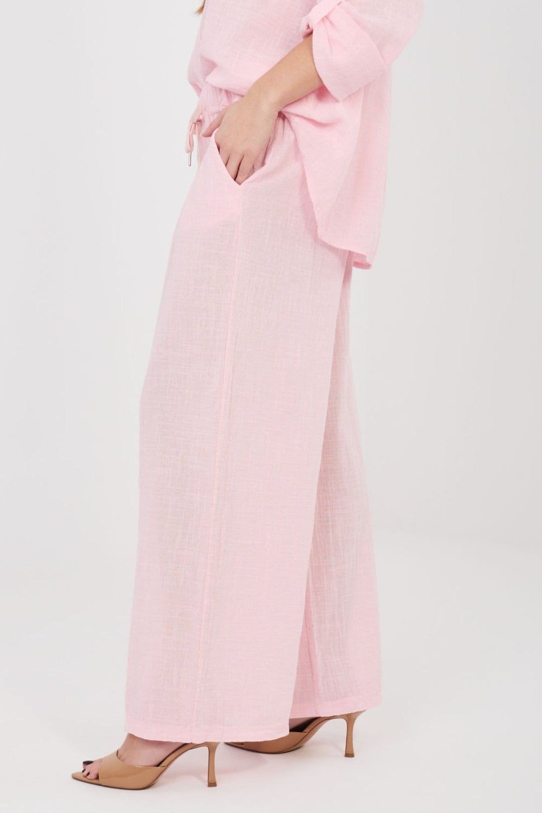 Love Lace Love Lace Women's Italian Cotton Wide Leg High Waist Tie Trouser in Pink - 4
