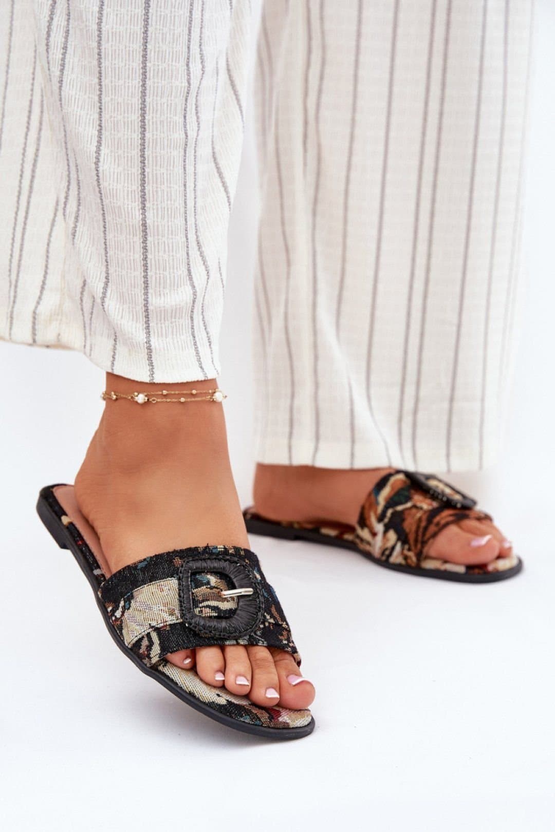 Love Lace Love Lace Women's Textile Flat Heeled Sandals with Decorative Buckle Slip On in Black