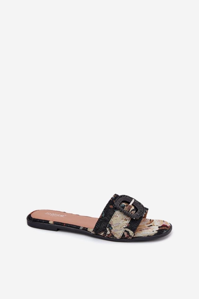 Love Lace Love Lace Women's Textile Flat Heeled Sandals with Decorative Buckle Slip On in Black - 2