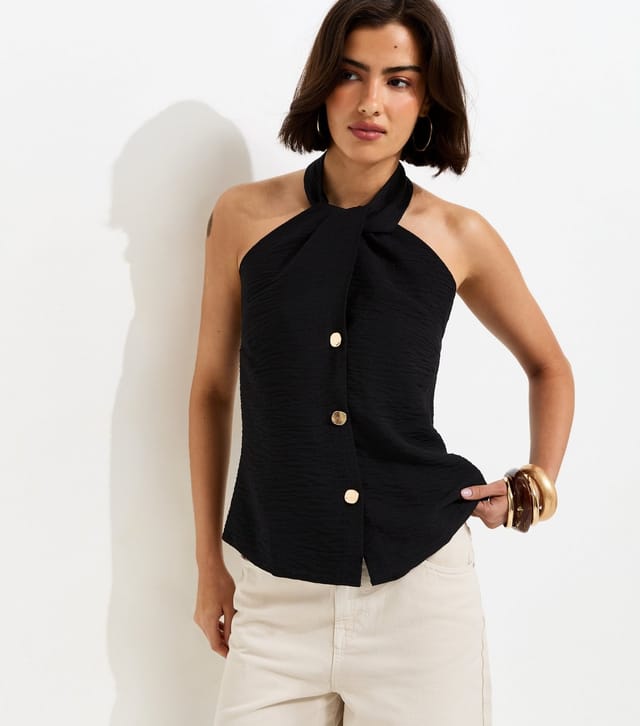 New Look Women's Black Button Front Halter Neck Top New Look - 2