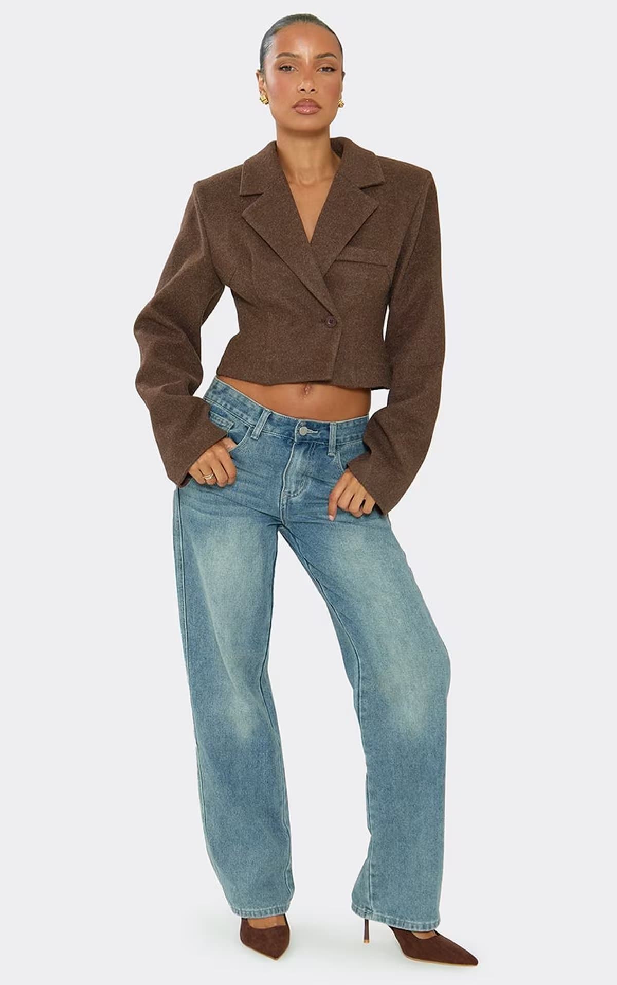 EGO Long Sleeve Cropped Structured Blazer In Brown Wool Look, Women's Size UK 6