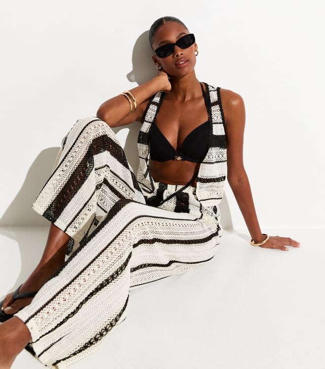New Look Women's Cream Striped Crochet Beach Trousers New Look - 2