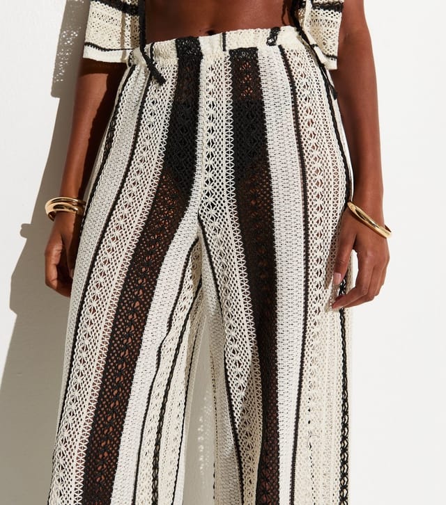 New Look Women's Cream Striped Crochet Beach Trousers New Look - 3